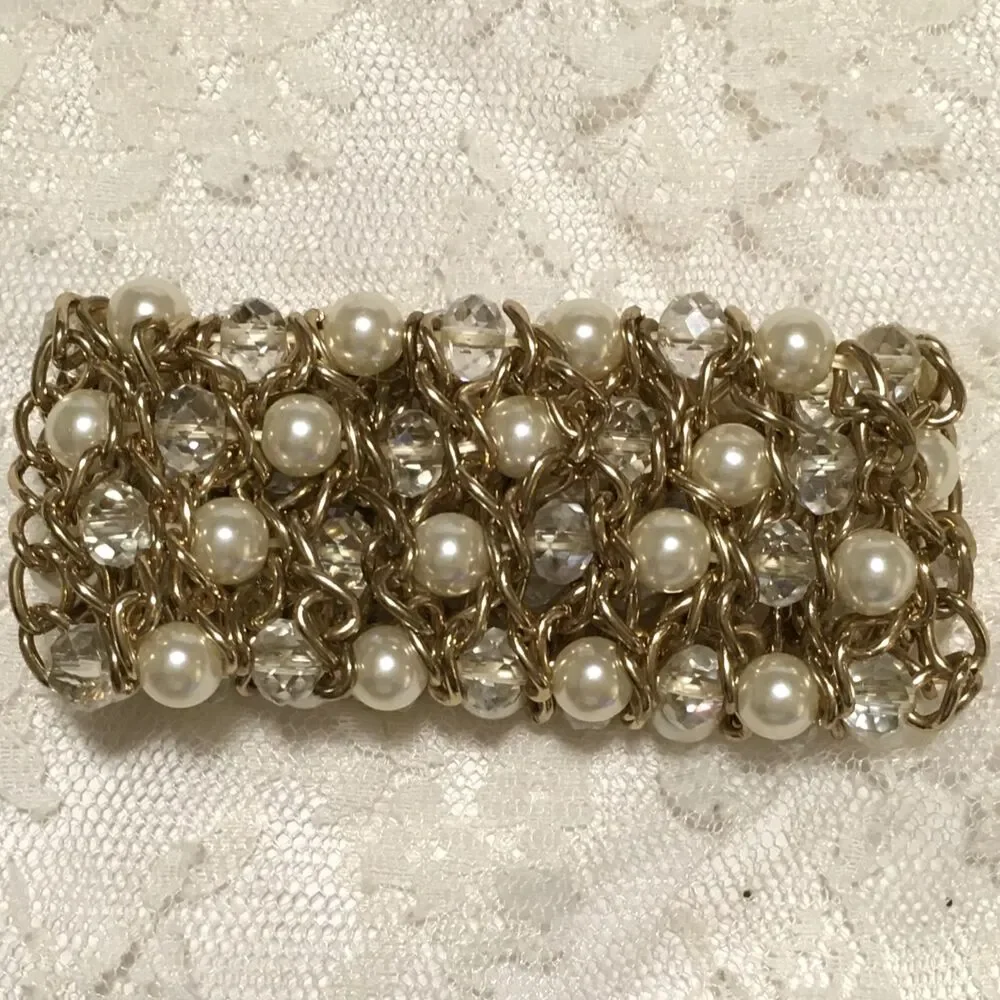Chunky Stretch Bracelet Gold Tone White Clear Beads